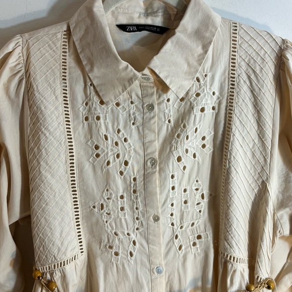 ZARA Sz L Collared Cream Shirt Dress Eyelet Lace Front Puff Sleeves Beaded Belt - Picture 5 of 14